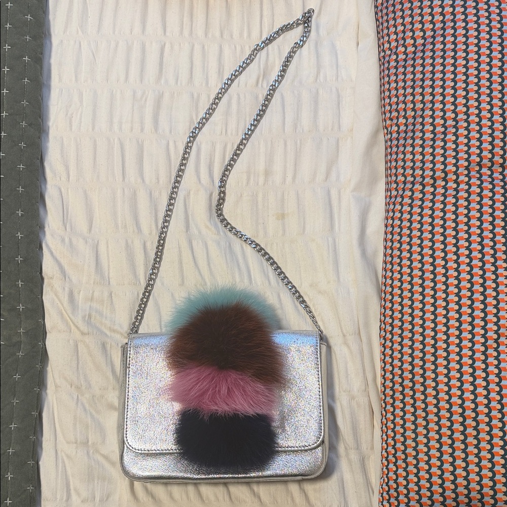 Loeffler Randall Metallic Silver Crossbody Bag with Multicolor Real Fur Pom Trim